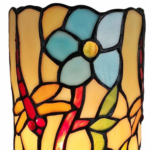 Homeroots 10" Red And Beige Dragonfly Stained Glass Accent Lamp   478104