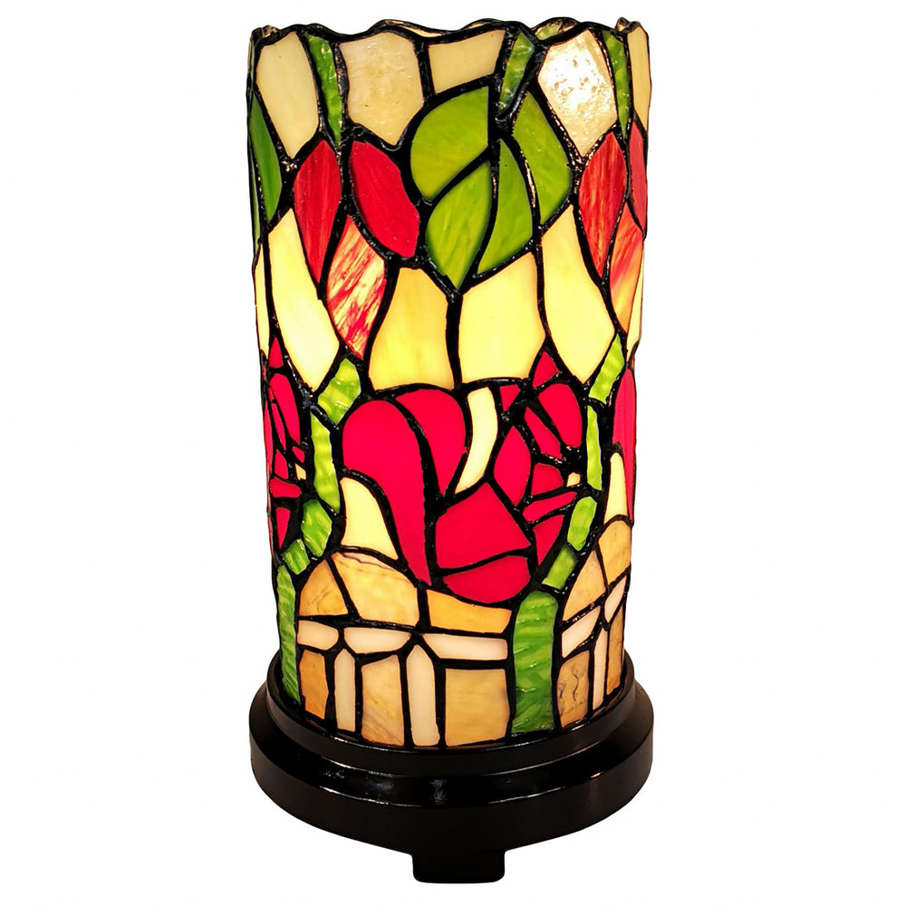 Homeroots 14" Red Green And Black Floral Stained Glass Accent Lamp   478105