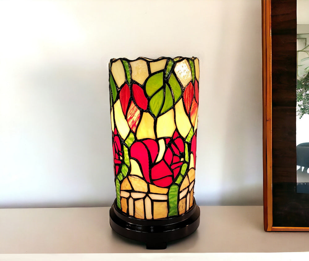 Homeroots 14" Red Green And Black Floral Stained Glass Accent Lamp   478105