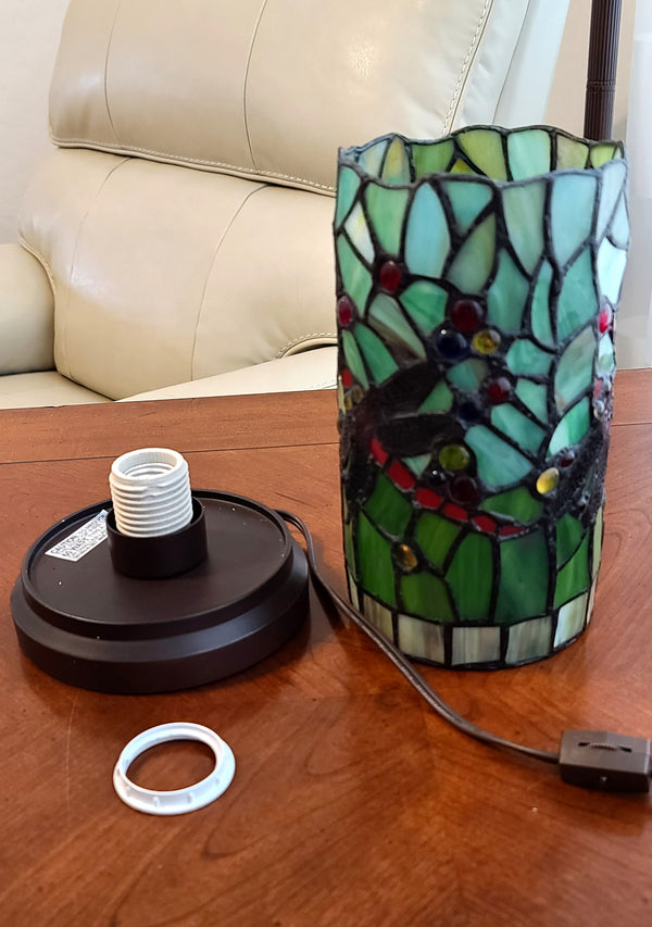 Homeroots 11" Green And Pink Dragonfly Stained Glass Accent Lamp   478106