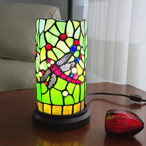 Homeroots 11" Green And Pink Dragonfly Stained Glass Accent Lamp   478106
