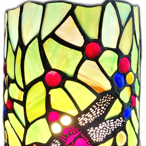 Homeroots 11" Green And Pink Dragonfly Stained Glass Accent Lamp   478106