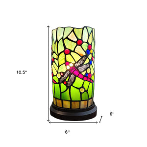 Homeroots 11" Green And Pink Dragonfly Stained Glass Accent Lamp   478106