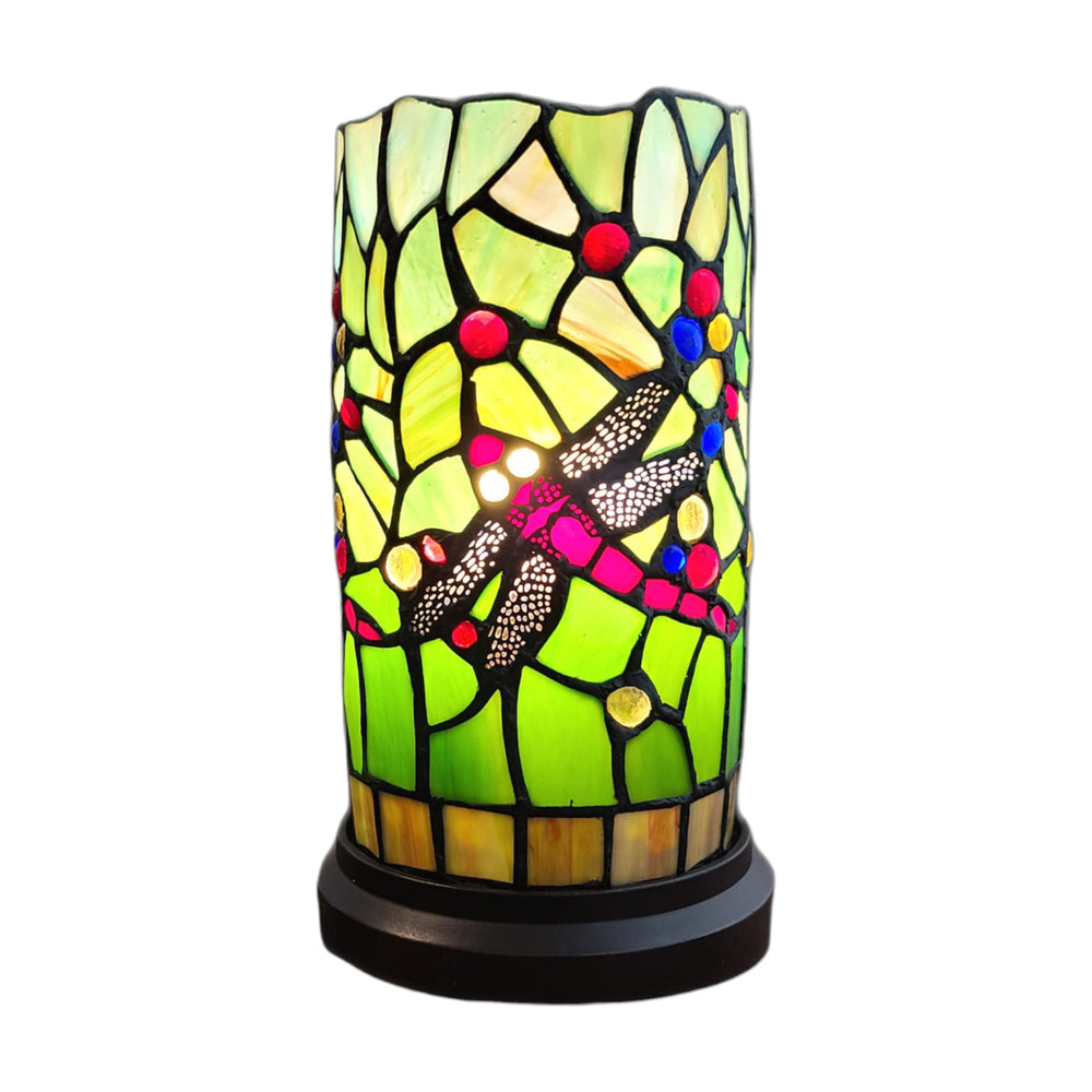 Homeroots 11" Green And Pink Dragonfly Stained Glass Accent Lamp   478106