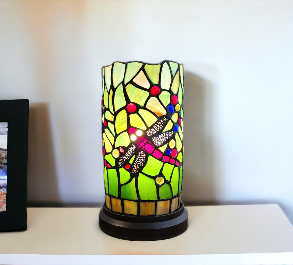 Homeroots 11" Green And Pink Dragonfly Stained Glass Accent Lamp   478106