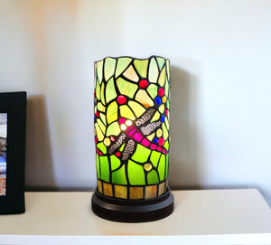 Homeroots 11" Green And Pink Dragonfly Stained Glass Accent Lamp   478106