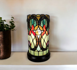 Homeroots 11" Beige And Orange Mosaic Tile Stained Glass Accent Lamp   478109