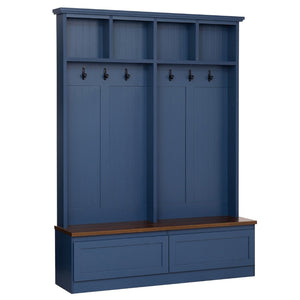 English Elm Rattan Door Hall Tree Bench with 6 Hooks Farmhouse Entryway Storage Blue N721S000076C