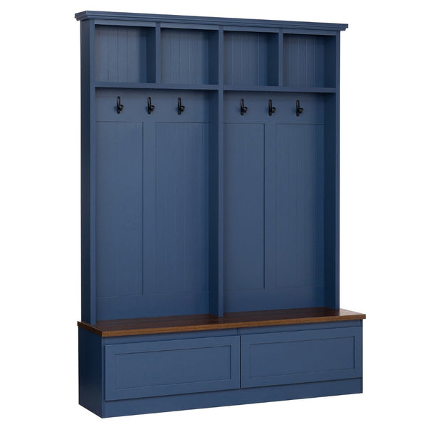 English Elm Rattan Door Hall Tree Bench with 6 Hooks Farmhouse Entryway Storage Blue N721S000076C