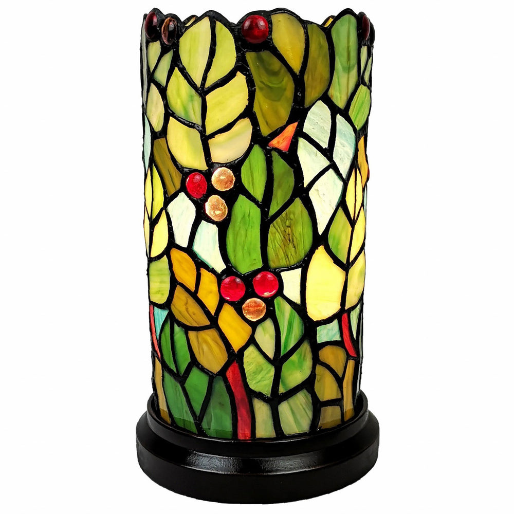 Homeroots 11" Green And Red Leaves And Berries Stained Glass Accent Lamp   478110