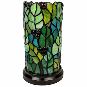 Homeroots 11" Green And Red Leaves And Berries Stained Glass Accent Lamp   478110