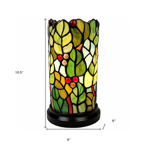 Homeroots 11" Green And Red Leaves And Berries Stained Glass Accent Lamp   478110