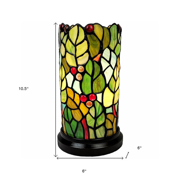 Homeroots 11" Green And Red Leaves And Berries Stained Glass Accent Lamp   478110