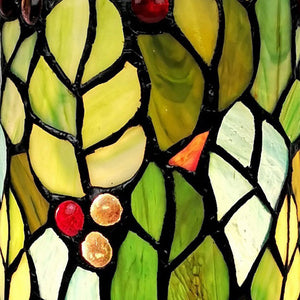 Homeroots 11" Green And Red Leaves And Berries Stained Glass Accent Lamp   478110