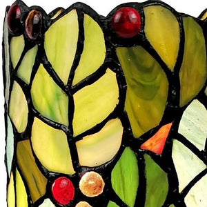 Homeroots 11" Green And Red Leaves And Berries Stained Glass Accent Lamp   478110
