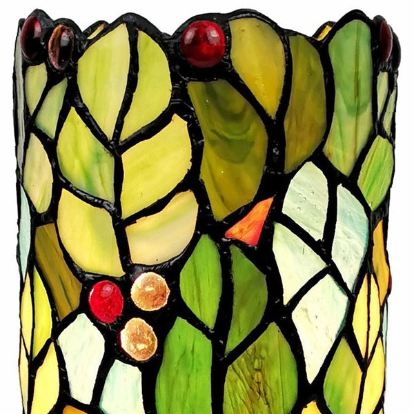 Homeroots 11" Green And Red Leaves And Berries Stained Glass Accent Lamp   478110