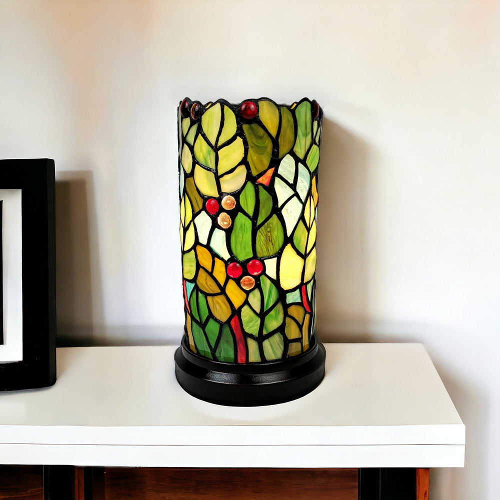 Homeroots 11" Green And Red Leaves And Berries Stained Glass Accent Lamp   478110