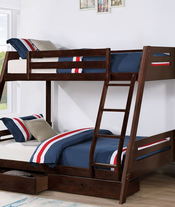 English Elm Transitional Twin-Over-Full Bunk Bed In Espresso With Underbed Drawers & Safe Angled Ladder Design B2741S00276-GIGA