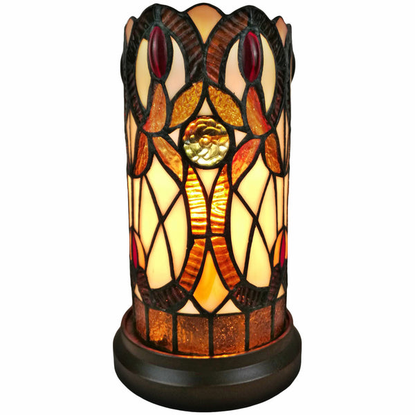 Homeroots 11" Ivory And Brown Geometric Floral Stained Glass Accent Lamp   478112