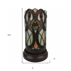 Homeroots 11" Ivory And Brown Geometric Floral Stained Glass Accent Lamp   478112