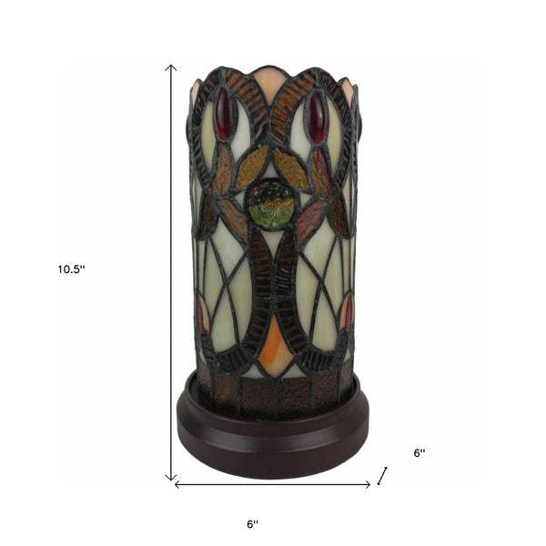 Homeroots 11" Ivory And Brown Geometric Floral Stained Glass Accent Lamp   478112