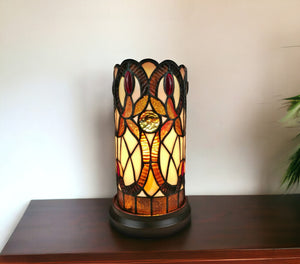 Homeroots 11" Ivory And Brown Geometric Floral Stained Glass Accent Lamp   478112