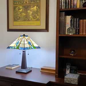 Homeroots 22" Dark Brown Metal Two Light Candlestick Table Lamp With Blue And Beige Shade   478116