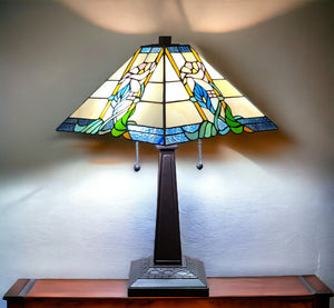 Homeroots 22" Dark Brown Metal Two Light Candlestick Table Lamp With Blue And Beige Shade   478116