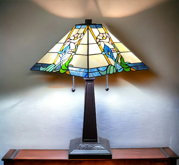 Homeroots 22" Dark Brown Metal Two Light Candlestick Table Lamp With Blue And Beige Shade   478116