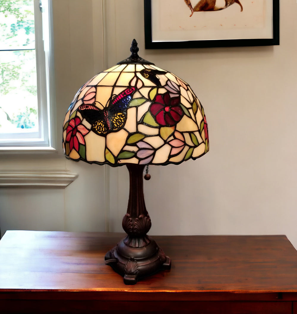 Homeroots 19" Dark Brown Metal Candlestick Table Lamp With Red And Black Dome Shade   478118