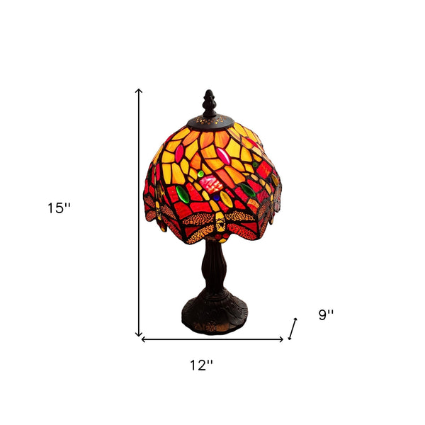 Homeroots 15" Dark Brown Metal Candlestick Table Lamp With Red And Black Novelty Shade   478119