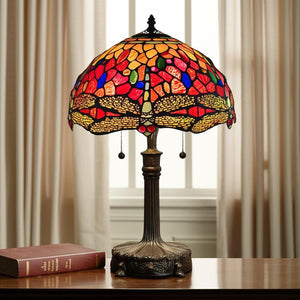 HomeRoots 22" Elegant Dark Brown Metal Two-Light Candlestick Table Lamp with Stunning Red and Black Shade 478124