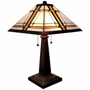 HomeRoots 22" Elegant Dark Brown Metal Two-Light Candlestick Table Lamp with Handcrafted Stained Glass Shade 478126
