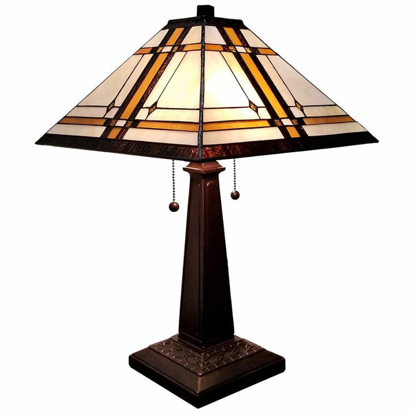 HomeRoots 22" Elegant Dark Brown Metal Two-Light Candlestick Table Lamp with Handcrafted Stained Glass Shade 478126