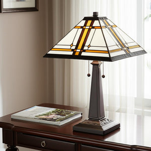 HomeRoots 22" Elegant Dark Brown Metal Two-Light Candlestick Table Lamp with Handcrafted Stained Glass Shade 478126