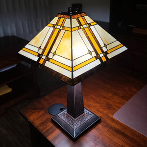 HomeRoots 22" Elegant Dark Brown Metal Two-Light Candlestick Table Lamp with Handcrafted Stained Glass Shade 478126