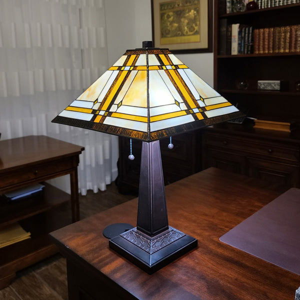 HomeRoots 22" Elegant Dark Brown Metal Two-Light Candlestick Table Lamp with Handcrafted Stained Glass Shade 478126