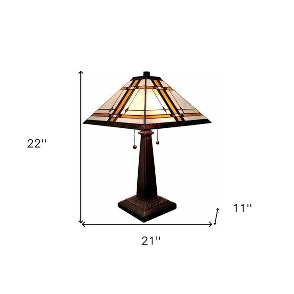 HomeRoots 22" Elegant Dark Brown Metal Two-Light Candlestick Table Lamp with Handcrafted Stained Glass Shade 478126