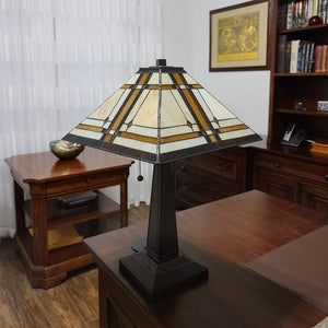 HomeRoots 22" Elegant Dark Brown Metal Two-Light Candlestick Table Lamp with Handcrafted Stained Glass Shade 478126