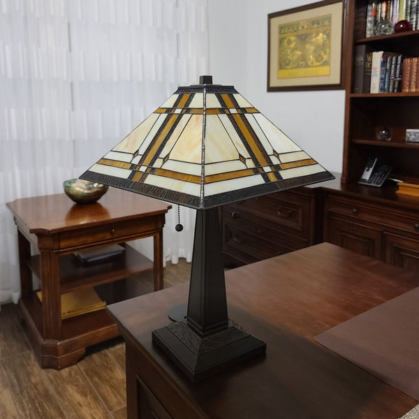 HomeRoots 22" Elegant Dark Brown Metal Two-Light Candlestick Table Lamp with Handcrafted Stained Glass Shade 478126