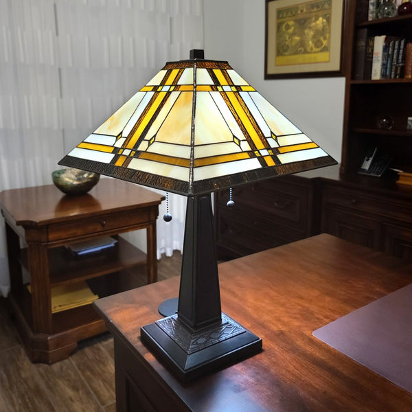 HomeRoots 22" Elegant Dark Brown Metal Two-Light Candlestick Table Lamp with Handcrafted Stained Glass Shade 478126