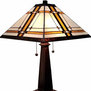 HomeRoots 22" Elegant Dark Brown Metal Two-Light Candlestick Table Lamp with Handcrafted Stained Glass Shade 478126