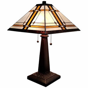 HomeRoots 22" Elegant Dark Brown Metal Two-Light Candlestick Table Lamp with Handcrafted Stained Glass Shade 478126