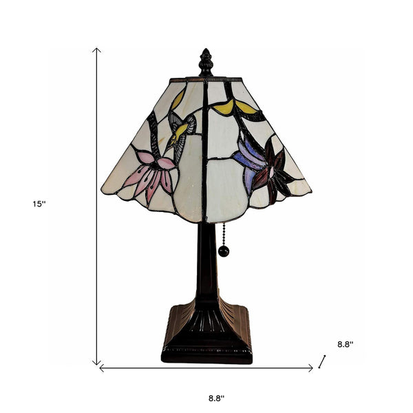 Homeroots 15" Dark Brown Candlestick Table Lamp With Ivory And Red Birds Novelty Shade   478137