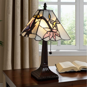 HomeRoots 15" Elegant Dark Brown Candlestick Table Lamp with Unique Stained Glass Bird Shade for Home Decor 478137
