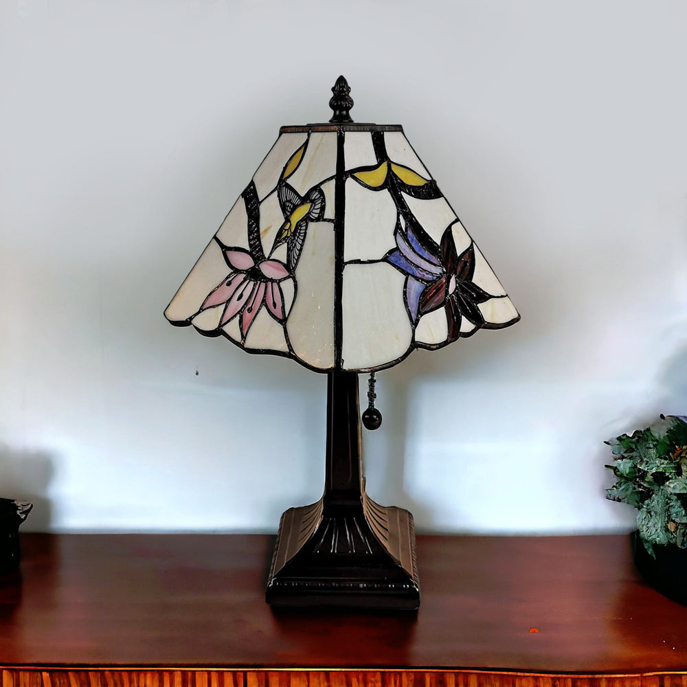 Homeroots 15" Dark Brown Candlestick Table Lamp With Ivory And Red Birds Novelty Shade   478137