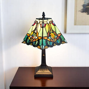 HomeRoots 15" Elegant Dark Brown Metal Candlestick Table Lamp with Vintage Green and Black Shade Design 478146