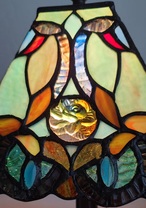 Homeroots 15" Dark Brown Metal Candlestick Table Lamp With Green And Black Shade   478146