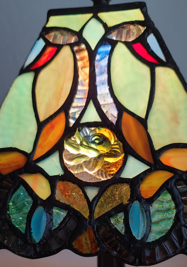 Homeroots 15" Dark Brown Metal Candlestick Table Lamp With Green And Black Shade   478146