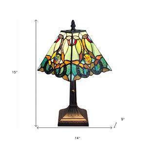 HomeRoots 15" Elegant Dark Brown Metal Candlestick Table Lamp with Vintage Green and Black Shade Design 478146